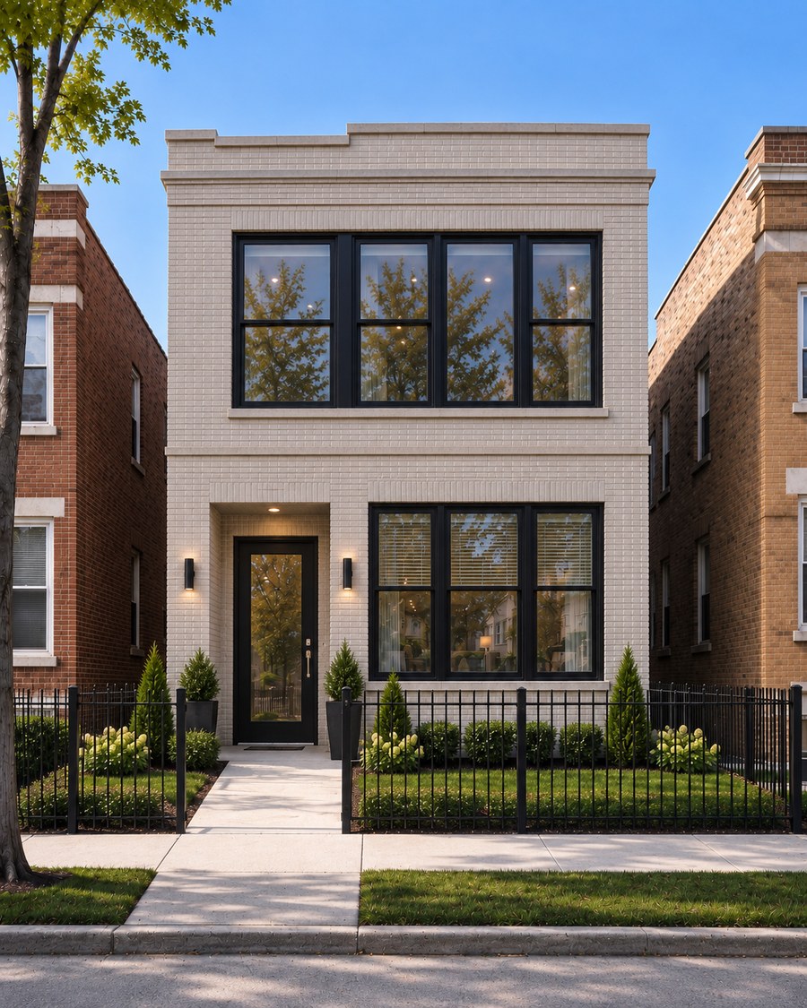 Concept rendering of a two-story cream brick two-flat with large black-framed windows, a front entry door, and a fenced front yard.